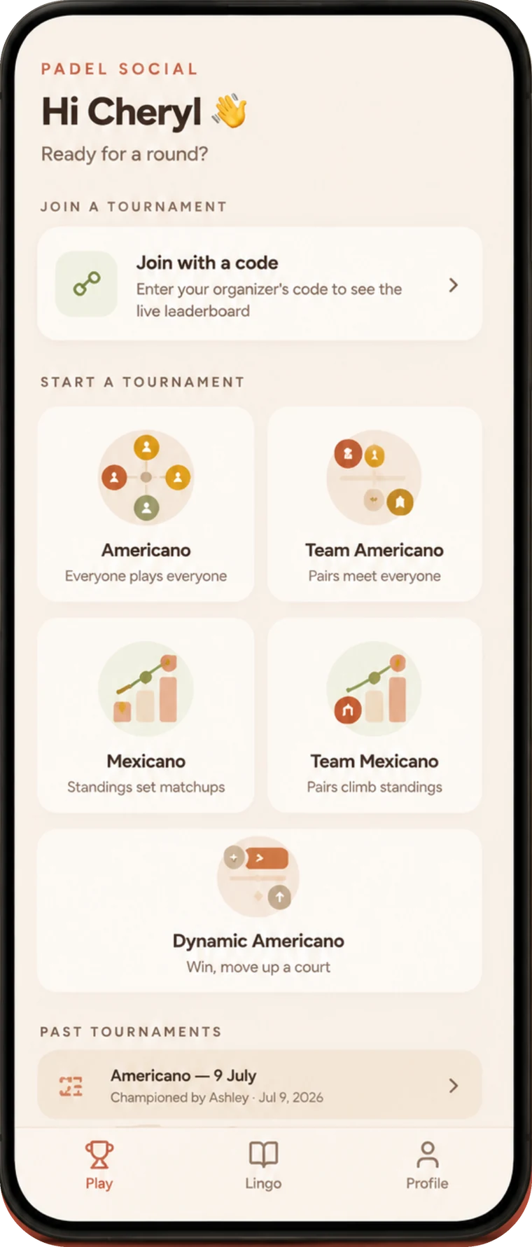 The Padel Social home screen, showing tournament formats ready to start.