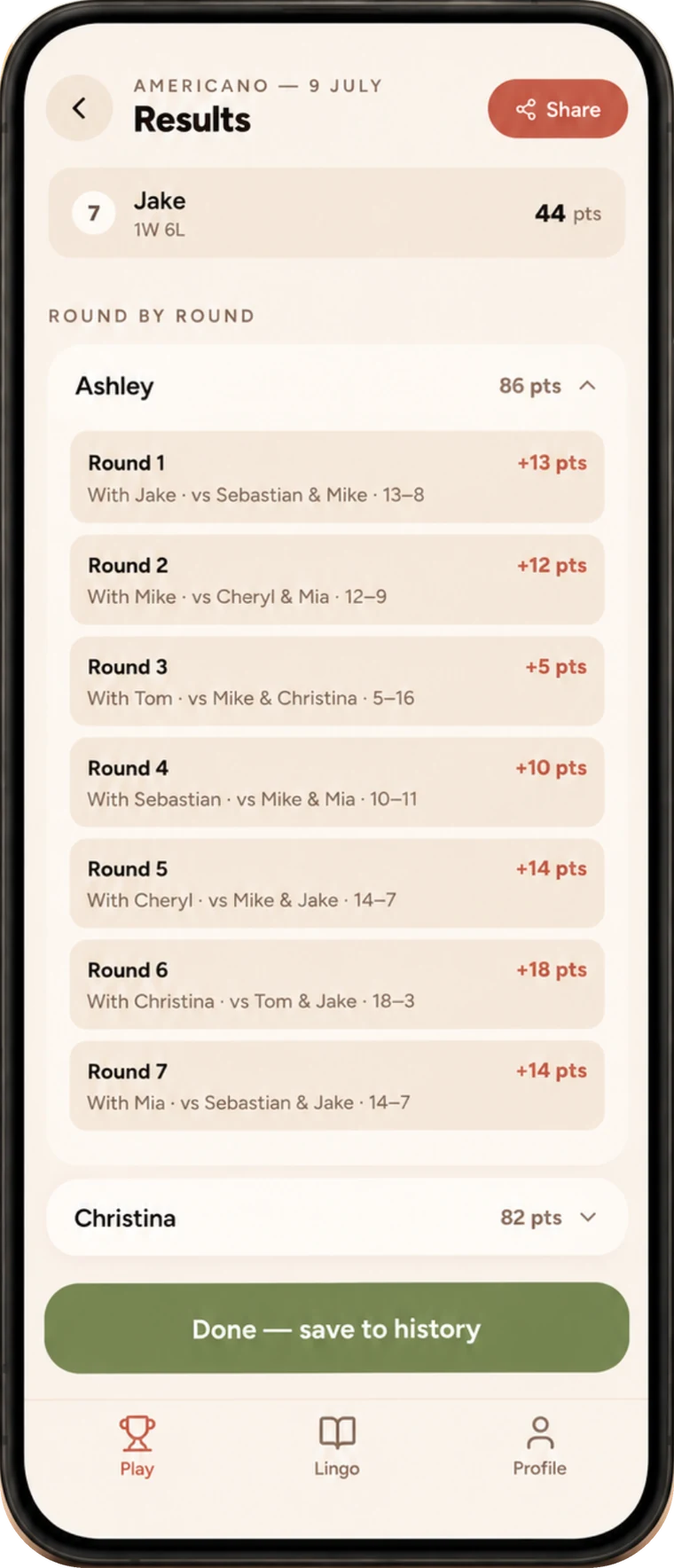 A Padel Social results card: Ashley crowned champion with 86 points, podium and full leaderboard.