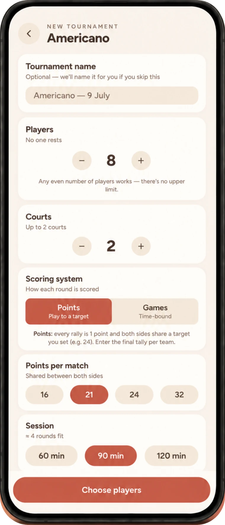 Creating an Americano tournament in Padel Social: name, players, courts, scoring and session length.
