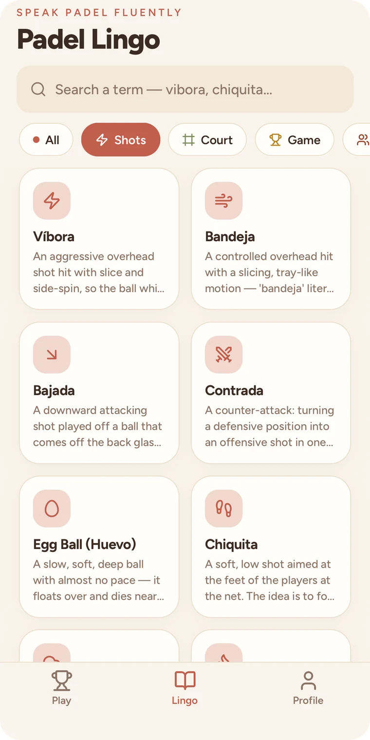 The Padel Lingo library in Padel Social: search a term, filter by shots, court, game, and read cards for víbora, bandeja, bajada, contrada, egg ball and chiquita.